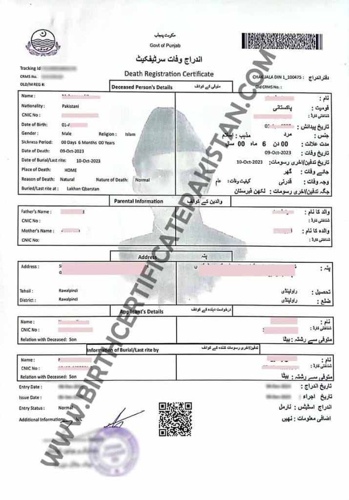 nadra death certificate online from Pakistan